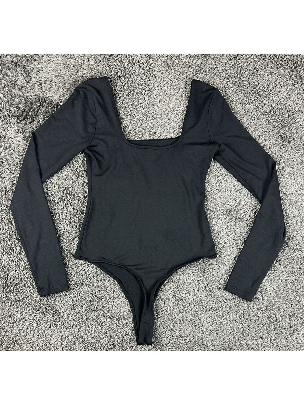 Zara Womens Bodysuit Black Medium Square Neck Long Sleeve Thong Stretch